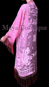 Candy Pink Silk Burnout Velvet Fringes Jacket Kimono Long Coat Maya Matazaro