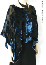Silk Burnout Velvet Poncho Kimono Top Sapphire & Black No Fringe Maya Matazaro