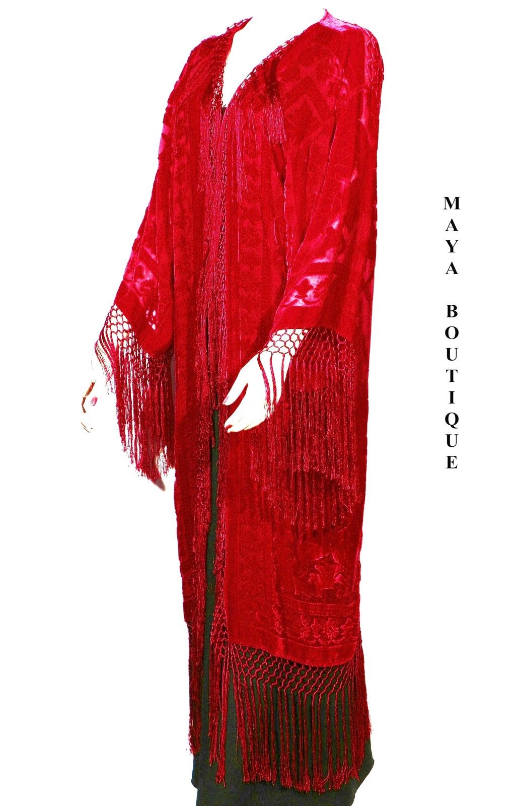 Silk Burnout Velvet Fringe Jacket Kimono Red Flapper Style Maya Matazaro
