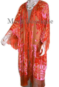 Maya Matazaro Orange Kimono Fringe Jacket Opera Coat Silk Burnout Velvet