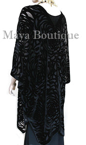 Black Camellia Burnout Velvet Caftan Kimono Duster Jacket Maya Matazaro USA Made
