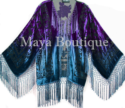 Maya Matazaro Art to Wear Burnout Velvet Kimono Jacket Hand Dyed Teal Purple