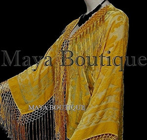 Sunflower Yellow Fringe Jacket Kimono Silk Burnout Velvet Maya Matazaro USA Made