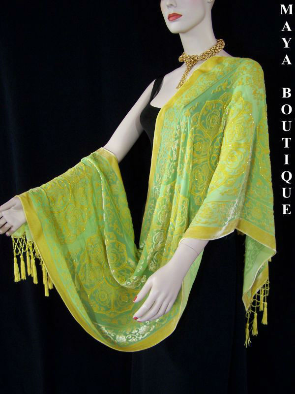 Silk Shawl Wrap Scarf Burnout Velvet Beaded Oblong Gold Green Maya Matazaro