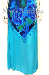 Turquoise Dress Gown Silk Burnout Velvet Beaded Peacock Maya Matazaro M