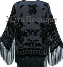 Black Kimono Silk Burnout Velvet Fringe Jacket Short Maya Matazaro Made in USA