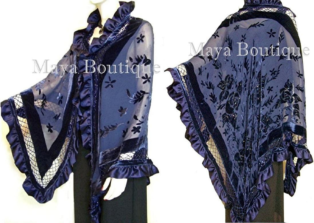 Navy Blue Shawl Scarf Wrap Silk Burnout Velvet Triangle Ruffles Maya Matazaro