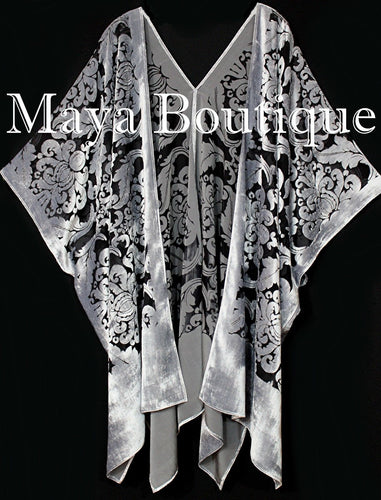 Maya Matazaro Baroque Burnout Velvet Caftan Kimono Jacket Silver Black USA Made