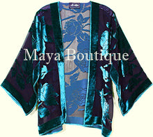 Aqua & Black Silk Burnout Velvet Jacket Short Kimono No Fringe Maya Matazaro