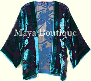 Aqua & Black Silk Burnout Velvet Jacket Short Kimono No Fringe Maya Matazaro