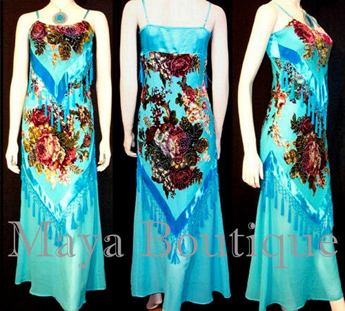 Dress Gown Turquoise Silk Burnout Velvet Beaded Victorian Roses Maya Boutique S