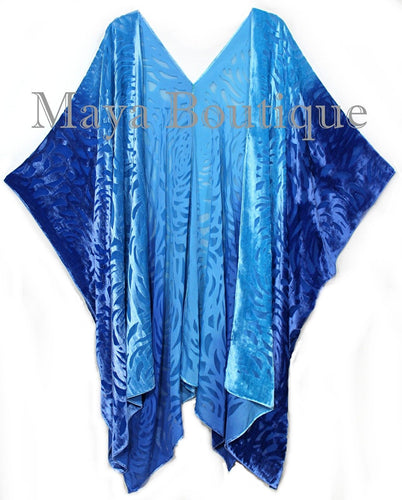 Blue Turquoise Camellia Burnout Velvet Caftan Kimono Hand Dyed Maya Matazaro USA