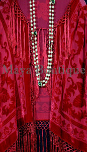 True Red Kimono Fringe Jacket SILK Burnout Velvet Short Maya Matazaro Plus Size