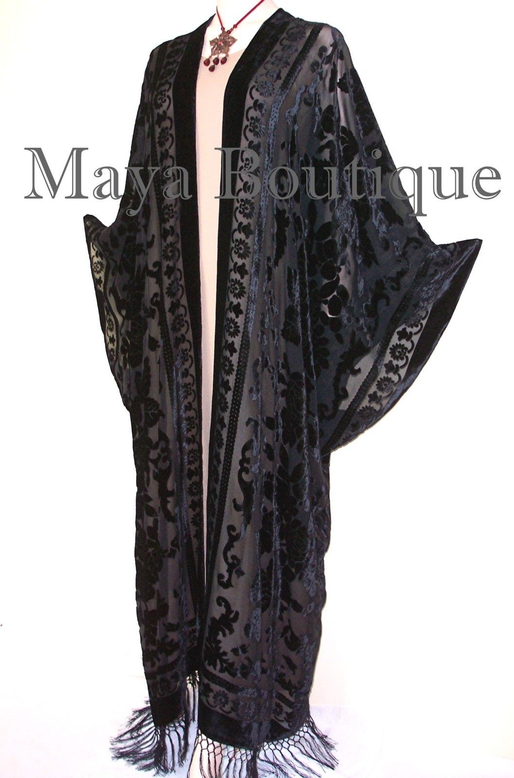 Maya Matazaro Opera Caftan Kimono Duster Burnout Velvet Black Extra Long