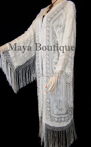 Ivory Maya Matazaro Fringes Jacket Kimono Long Fringe Coat Silk Burnout Velvet