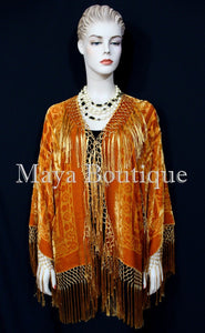 Orange Kimono Silk Burnout Velvet Fringe Jacket Short Maya Matazaro