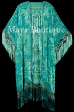 Maya Matazaro Tiffany Mint Fringe Jacket Kimono Duster Silk Burnout Velvet Plus