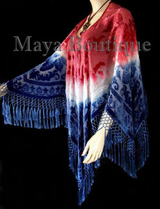 Maya Boutique Hand Dye Poncho Shawl Top Silk Burnout Velvet USA Flag Colors Made In USA