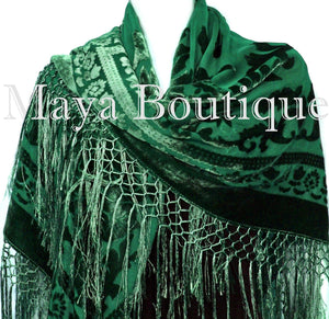 Emerald Green Piano Shawl Wrap Fringed Scarf Silk Burnout Velvet Maya Matazaro