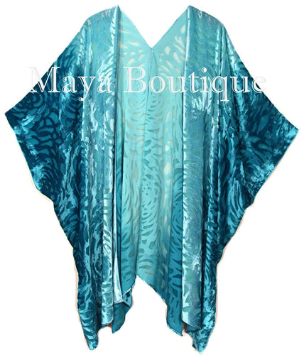 Teal Ombre Camellia Burnout Velvet Caftan Kimono Hand Dye Maya Matazaro