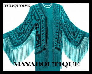 Teal Silk Burnout Velvet Fringe Jacket Kimono Short Maya Matazaro