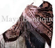 Maya Matazaro Piano Shawl Scarf Fringe Wrap Silk Burnout Velvet Chocolate Brown