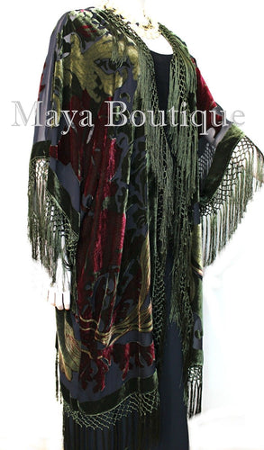 Fringe Jacket Kimono Silk Burnout Velvet Art Nouveau Black Olive Maya Matazaro