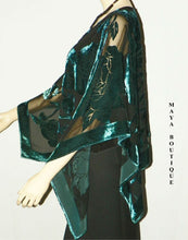 Silk Burnout Velvet Poncho Kimono Top Turquoise & Black No Fringe Maya Matazaro