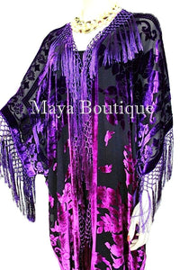 Violet Fuchsia Kimono Caftan Fringe Jacket Silk Burnout Velvet Hand Dyed Maya