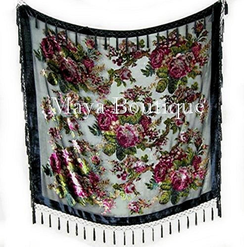 Piano Shawl Scarf Wrap Black Victorian Rose Silk Burnout Velvet Beaded Fringes
