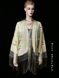 Embroidered Silk Fringe Jacket Flamenco Kimono VANILLA MULTI Short Maya Matazaro