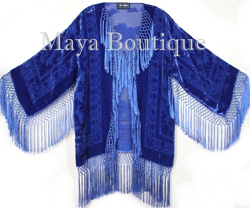 Maya Clothing Royal Blue Fringe Jacket Kimono Short Silk Burnout Velvet Hand Dye