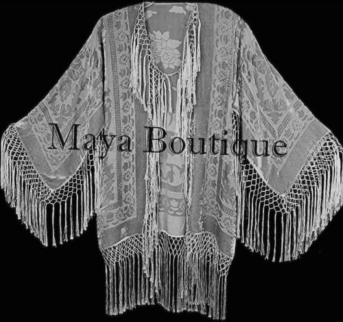 Silver Gray  Fringe Jacket Kimono Silk Burnout Velvet Short Maya Matazaro