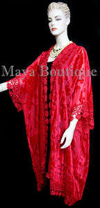 Red Lace & Burnout Velvet Kimono Caftan Jacket Duster Maya Matazaro Plus