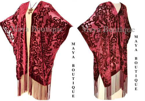 Caftan Kimono Burnout Velvet Art Nouveau Deep Red Maya Matazaro USA Made