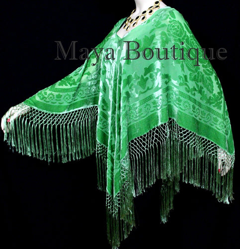 Green Silk Burnout Velvet Poncho Fringe Top Shawl Hand Dyed Maya Matazaro