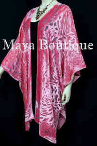 Maya Matazaro Coral Camellia Burnout Velvet Caftan Kimono Jacket USA Made