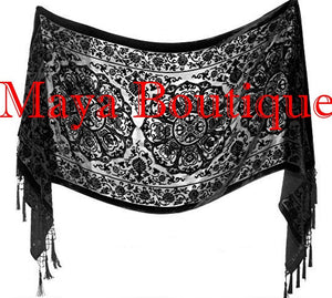 Black Shawl Wrap Scarf Silk Burnout Velvet Beaded Oblong Maya Matazaro