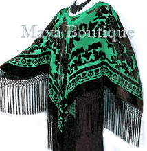 Maya Matazaro Green & Black Silk Burnout Velvet Poncho Shawl Top With Fringes
