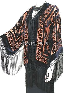 Tangerine & Black Fringe Jacket Kimono Bolero Silk Burnout Velvet Maya Matazaro