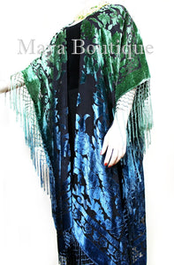 Blue Green Wearable Art Kimono Caftan Jacket Velvet Hand Dyed Maya Matazaro