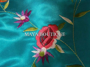Turquoise Embroidered Silk Kimono Caftan Duster Opera Coat Maya Matazaro Plus