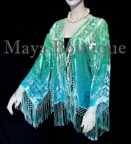 Wearable Art Velvet Kimono Jacket Hand Dyed Jade Turquoise Short Maya Matazaro