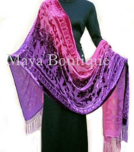 Maya Matazaro Wearable Art Silk Wrap Shawl Scarf Hand Dyed Magenta Purple Velvet Extra Long 110