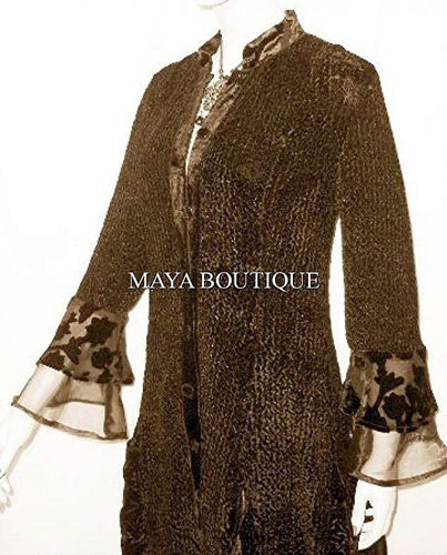 Dress Coat Crinkle Silk Velvet Organza Ruffle Chocolate XL Maya Matazaro
