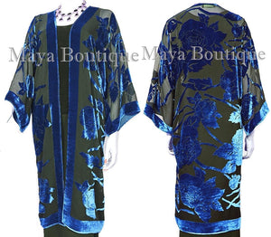 Blue Long Kimono Jacket Silk Burnout Velvet No Fringe Maya Matazaro