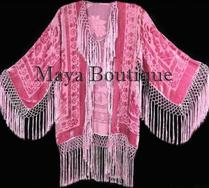 Strawberry Ice Kimono Silk Burnout Velvet Fringe Jacket Short Maya Matazaro