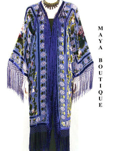 Long Fringe Jacket Kimono Silk Burnout Velvet Blue Multi Maya Matazaro