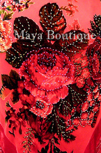 Dress Gown Red Silk Burnout Velvet Beaded Victorian Roses Maya Matazaro M