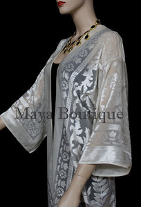 Ivory Long Kimono Jacket Burnout Velvet No Fringe Maya Matazaro